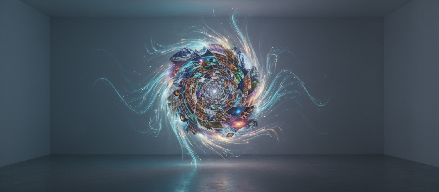 무한한 사진 배열을 보여주는 초자연적인 포털로, 무제한 무료 이미지에 대한 접근을 상징합니다.