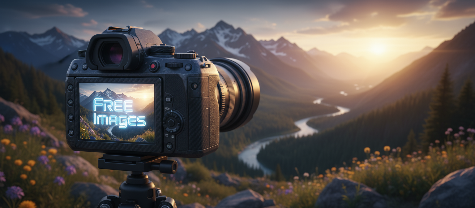 풍경을 촬영하는 카메라의 역동적인 모습, 뷰파인더에 '무료 이미지' 텍스트가 홀로그램으로 오버레이됨.