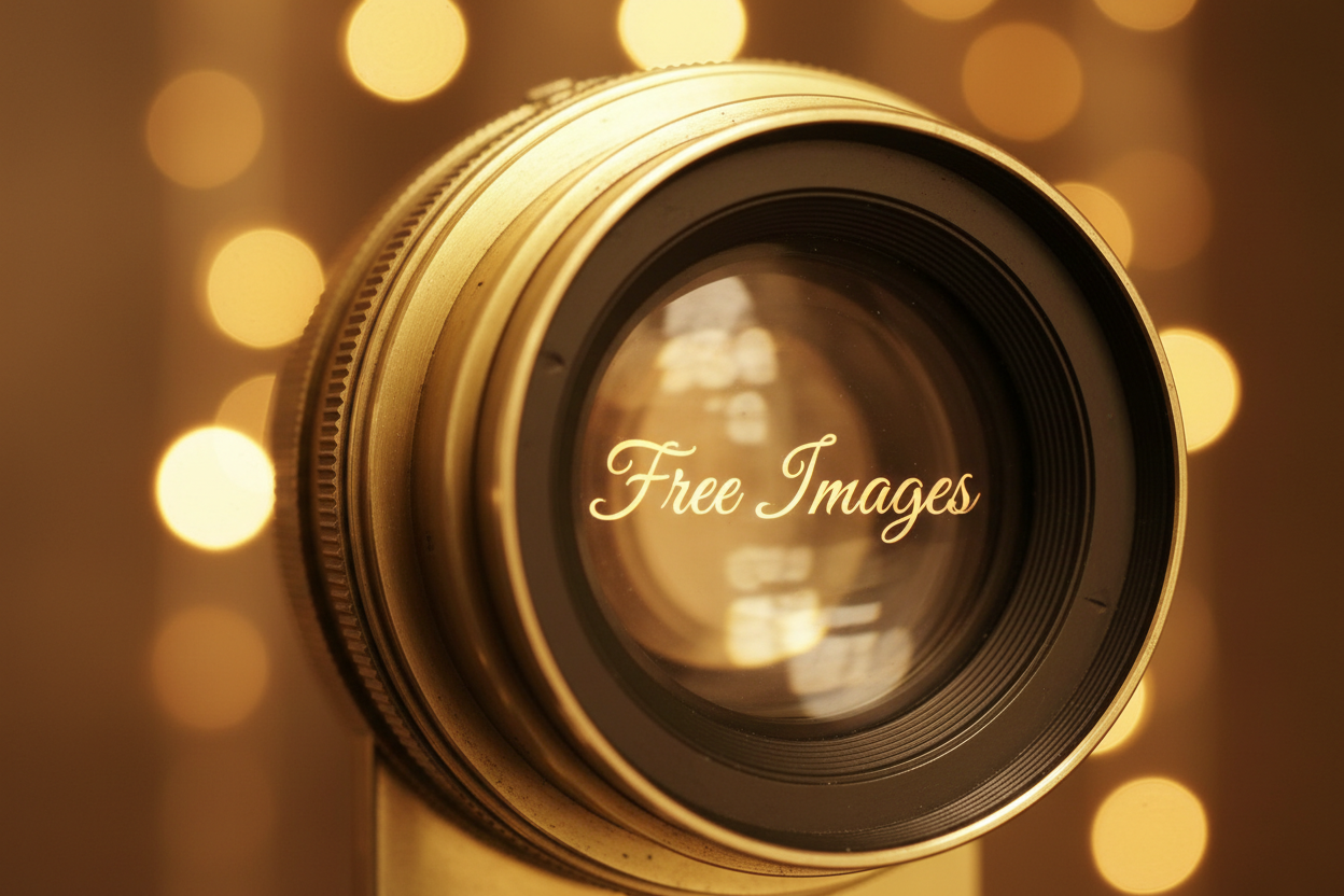 빈티지 카메라 렌즈 클로즈업, '무료 이미지'가 반사되어 빛나는 모습, 사실적 사진.