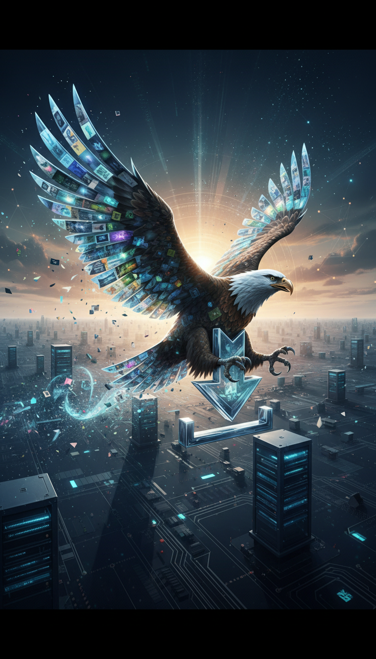 이미지 미리보기로 구성된 날개를 가진 독수리로 변모한 웅장한 다운로드 아이콘이 디지털 풍경 위를 날아가는 모습으로, 무료 이미지 접근성을 상징합니다.