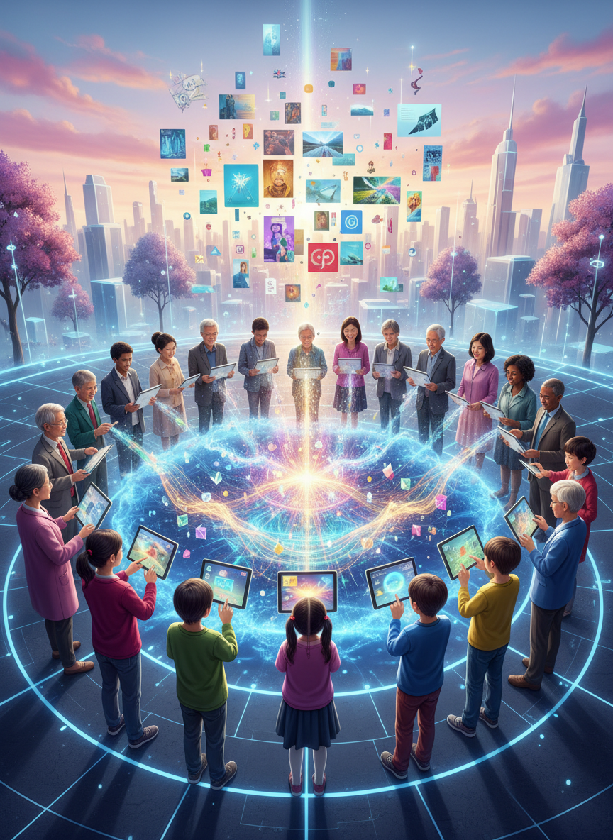 다양한 민족과 연령대의 개개인들이 빛나는 공동의 '풀' 또는 클라우드에 디지털 이미지 자산을 협력적으로 배치하는 모습으로, 공유되고 무료로 기여된 이미지를 상징합니다.