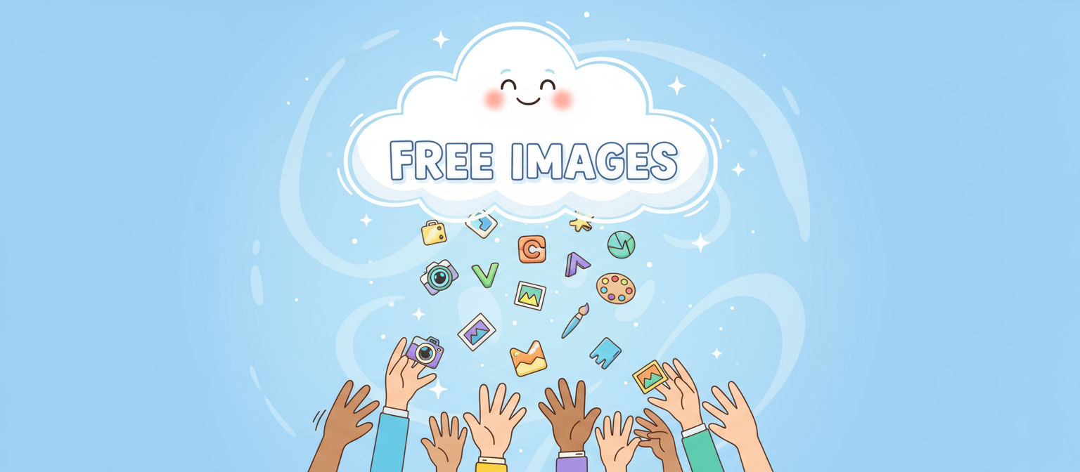 미소 짓는 구름이 '무료 이미지'라는 글자 형태로 이미지 아이콘을 뿌리는 익살스러운 카툰 일러스트레이션.