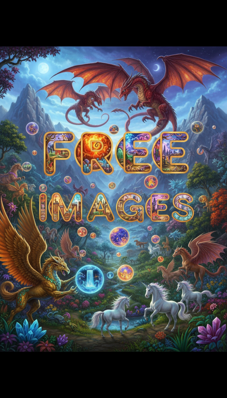 그리핀, 유니콘, 용 등 다양한 신화 속 생물들이 다른 이미지를 보여주는 빛나는 구체들과 놀고 있으며, 전체적인 배치가 '무료 이미지'를 철자하는 환상적인 장면.