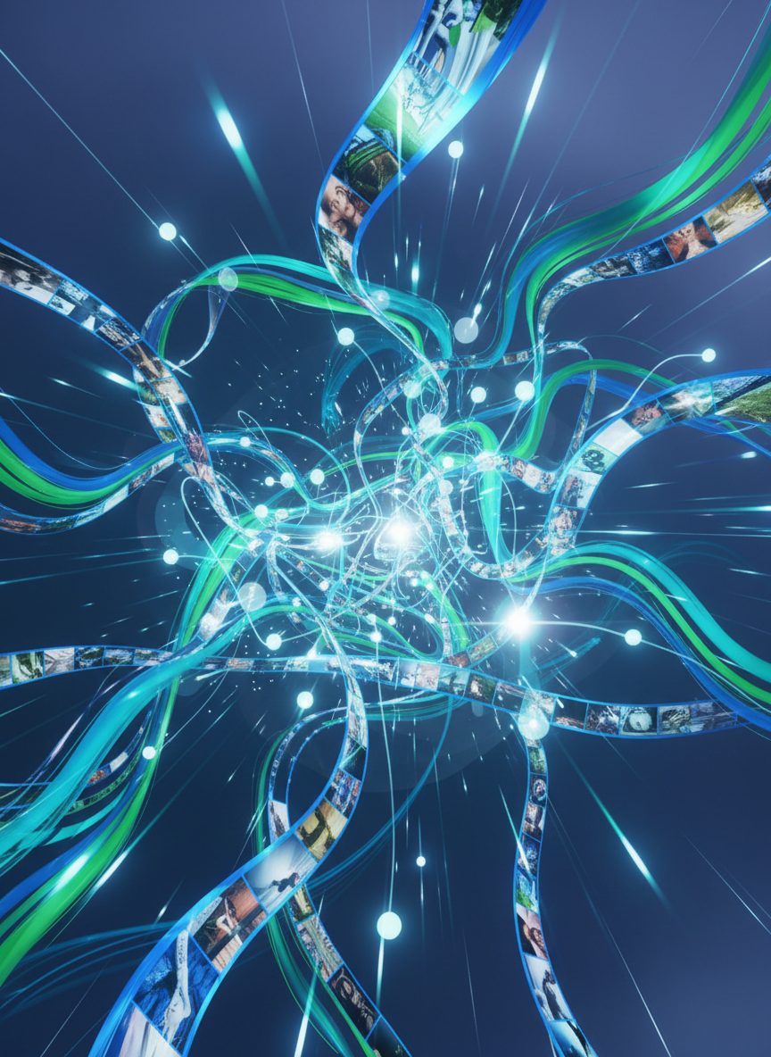 푸른색과 녹색의 추상적인 데이터 스트림이 빛나는 노드 네트워크를 통해 원활하게 흐르며, 흐름 속에 사진 패턴이 미묘하게 삽입되어 무료로 접근 가능한 디지털 이미지 데이터를 나타냅니다.