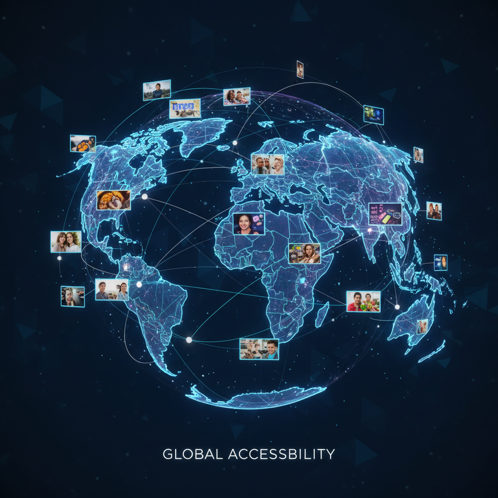빛나는 디지털 스레드로 윤곽이 그려진 미니멀한 세계 지도에 이미지 미리보기가 삽입되어 있어 무료 이미지의 글로벌 접근성과 연결성을 상징합니다.