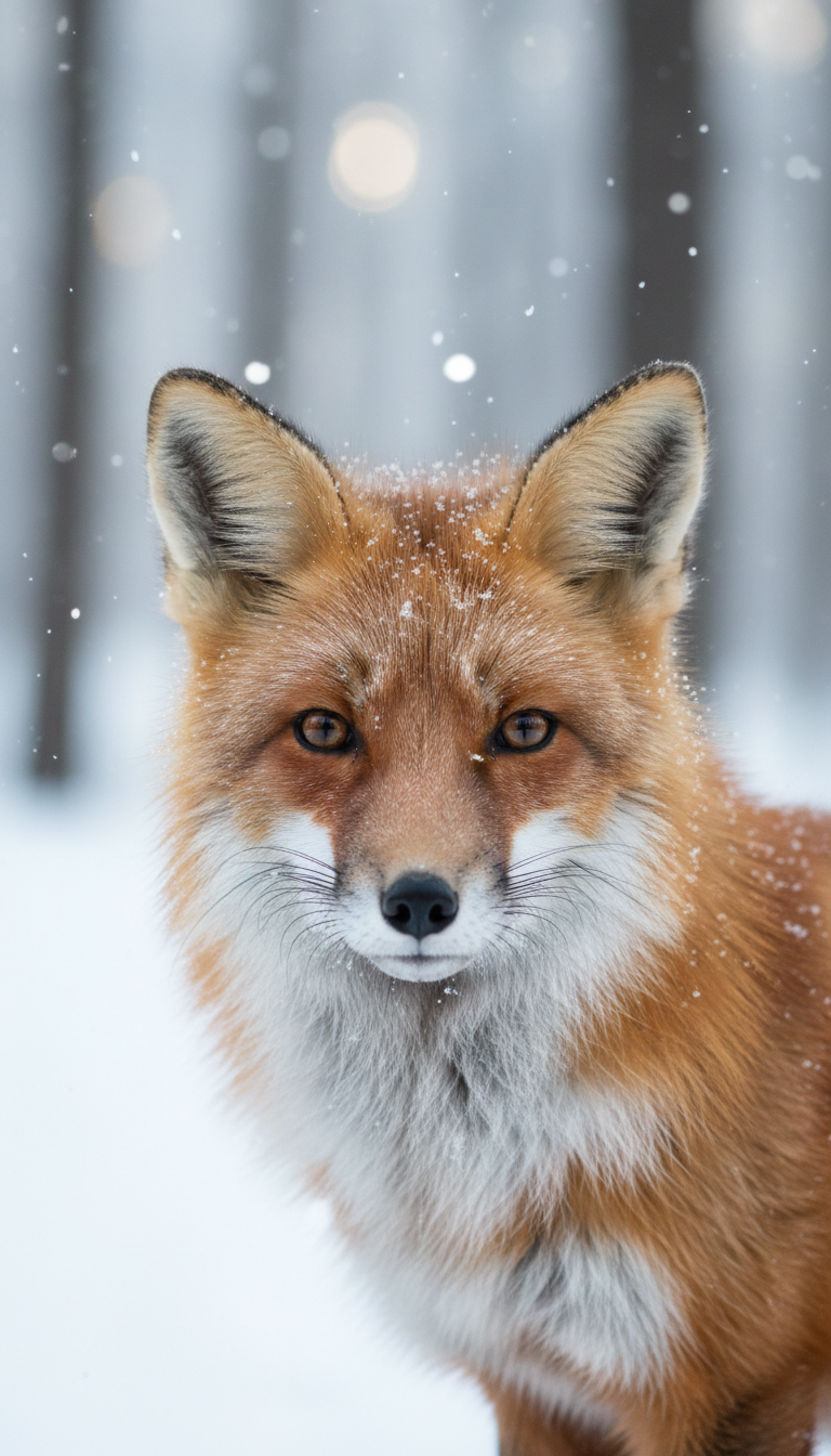 눈 덮인 숲 속의 붉은 여우, 배경이 흐릿한 자연 바탕화면.