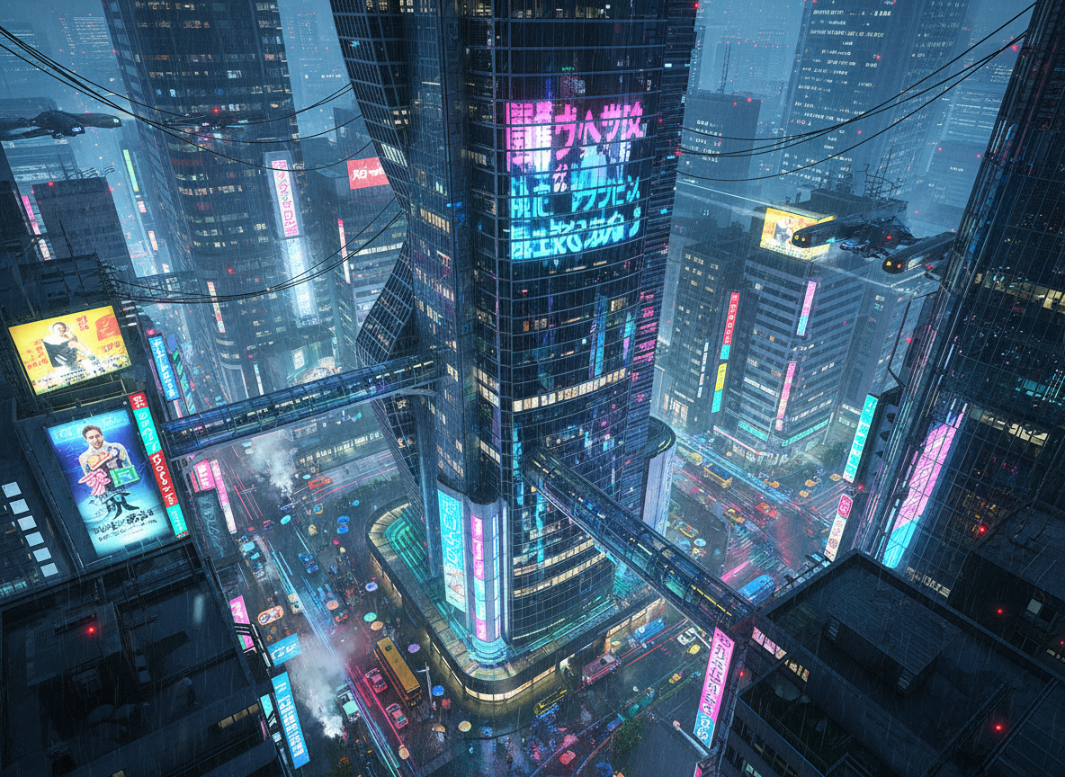 젖은 거리에 네온 불빛이 반사되는 네오-퓨처리즘 도쿄 야경 바탕화면.