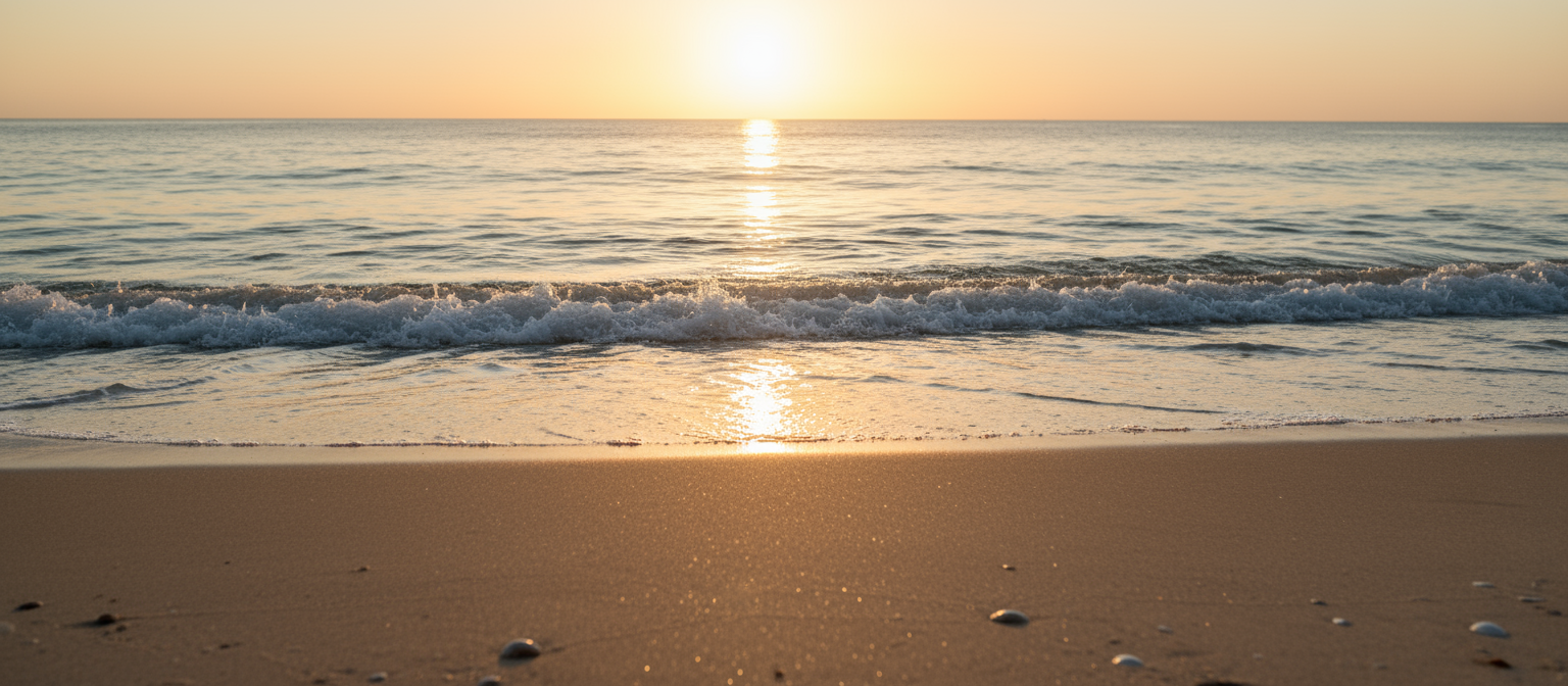 일출에 잔잔한 파도가 부서지는 고요한 해변의 미니멀리스트 바탕화면.
