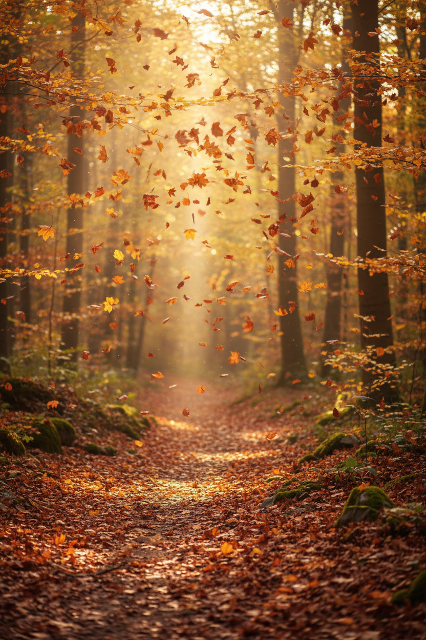 따뜻한 햇살 아래 숲길에 떨어지는 알록달록한 가을 단풍, 계절 바탕화면.