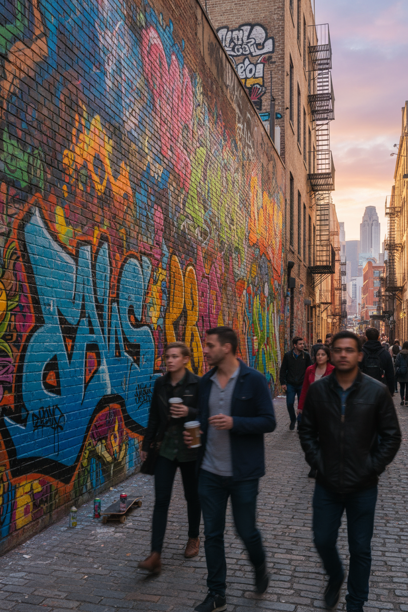 오래된 벽돌 벽을 덮은 생동감 넘치는 거리 예술 벽화, 도시적인 바탕화면.