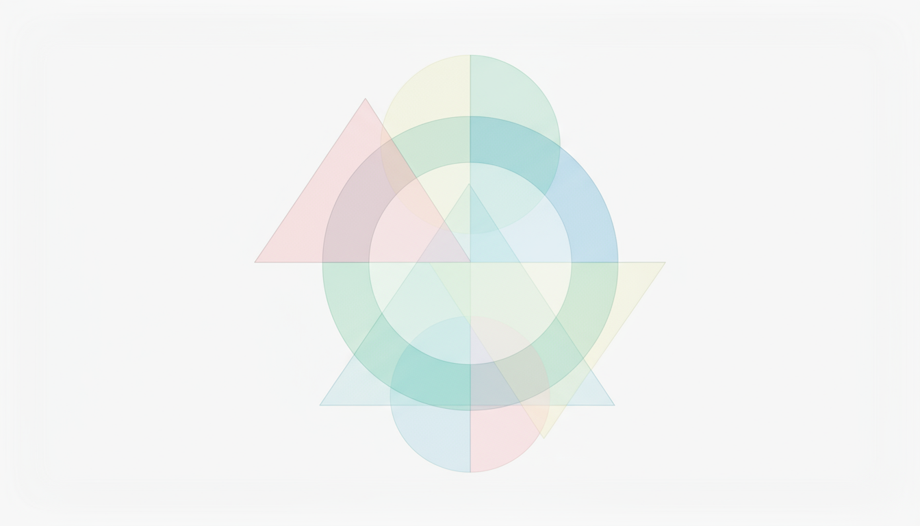 부드러운 파스텔 기하학적 도형과 그라데이션이 어우러진 추상적인 바탕화면.