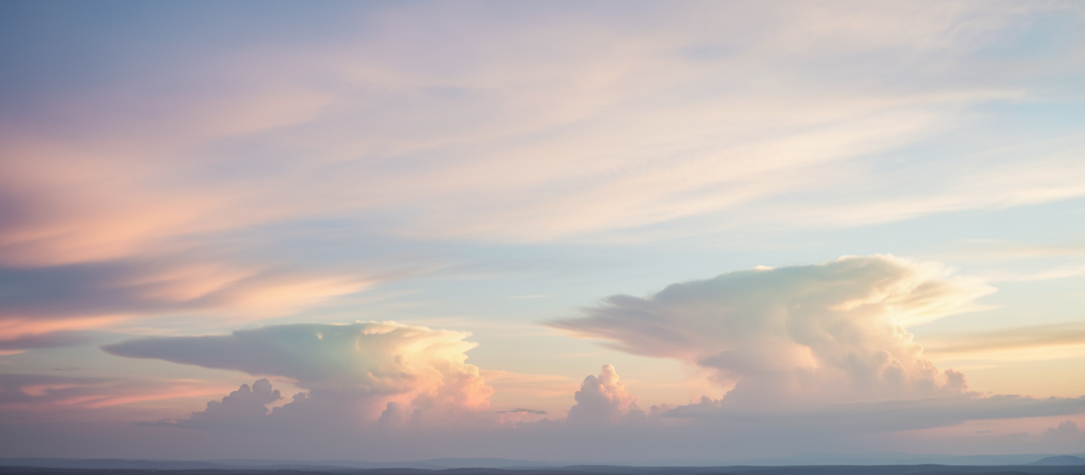 부드러운 하늘에 떠있는 몽환적인 파스텔톤 구름, 평화로운 바탕화면.