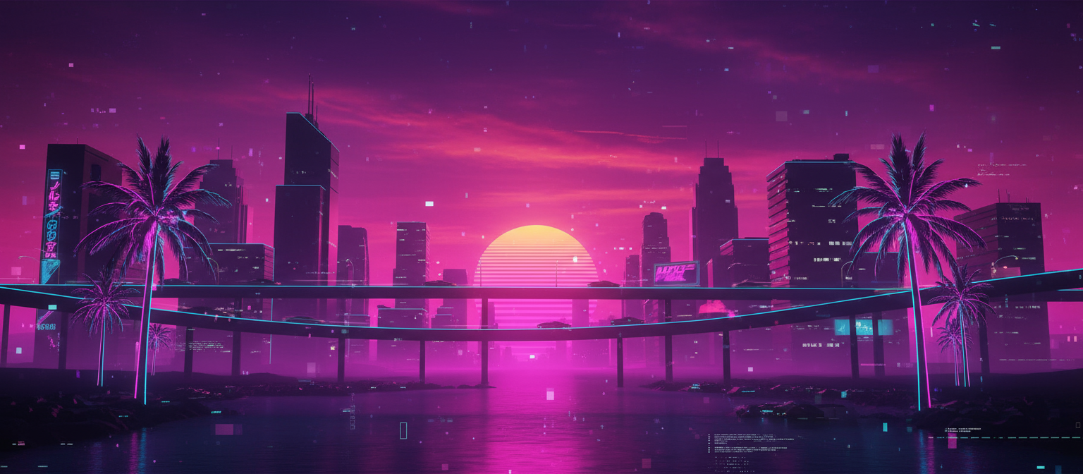 네온 야자수와 함께하는 신스웨이브 스타일의 도시 일몰, 80년대 감성 바탕화면.