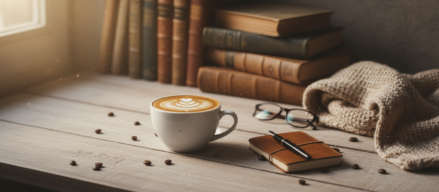 라떼 아트 커피 한 잔이 놓인 나무 테이블의 감성적인 평면도, 아늑한 바탕화면.