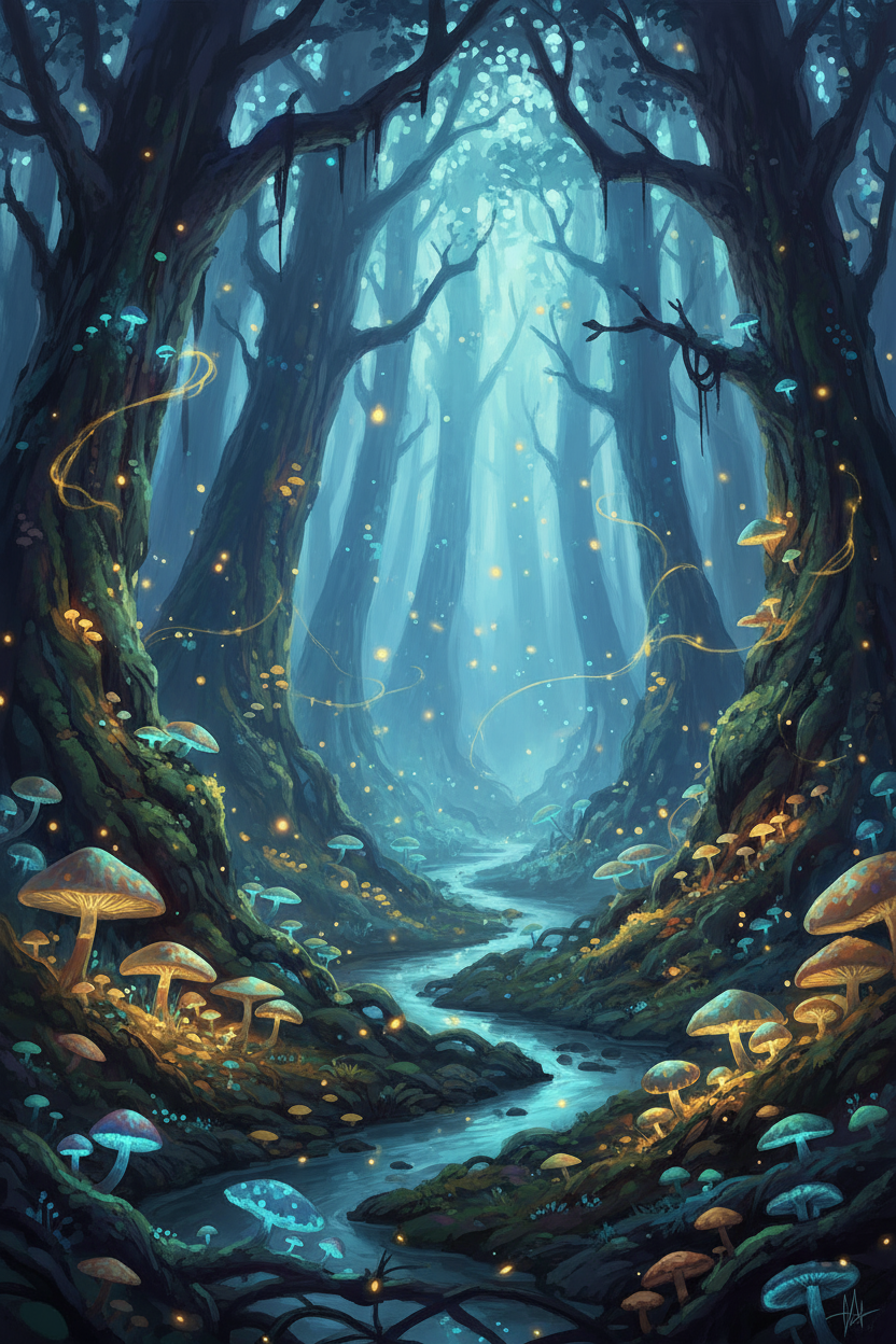 빛나는 버섯과 반딧불이 있는 신비로운 숲, 환상적인 바탕화면.