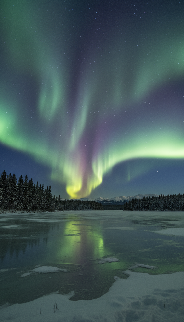 얼어붙은 호수 위로 춤추는 경이로운 오로라, 겨울밤 바탕화면.