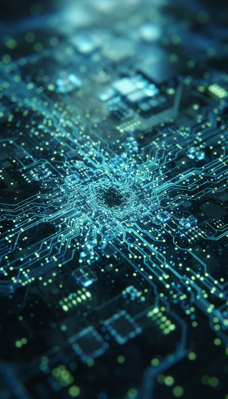 푸른빛과 초록빛이 감도는 미래형 회로 기판의 클로즈업, 하이테크 바탕화면.