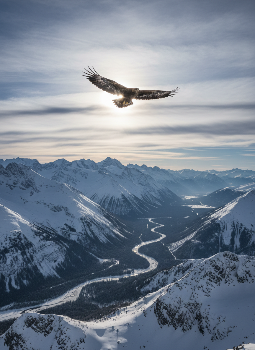 눈 덮인 산 위를 비행하는 웅장한 독수리, 야생동물 바탕화면.