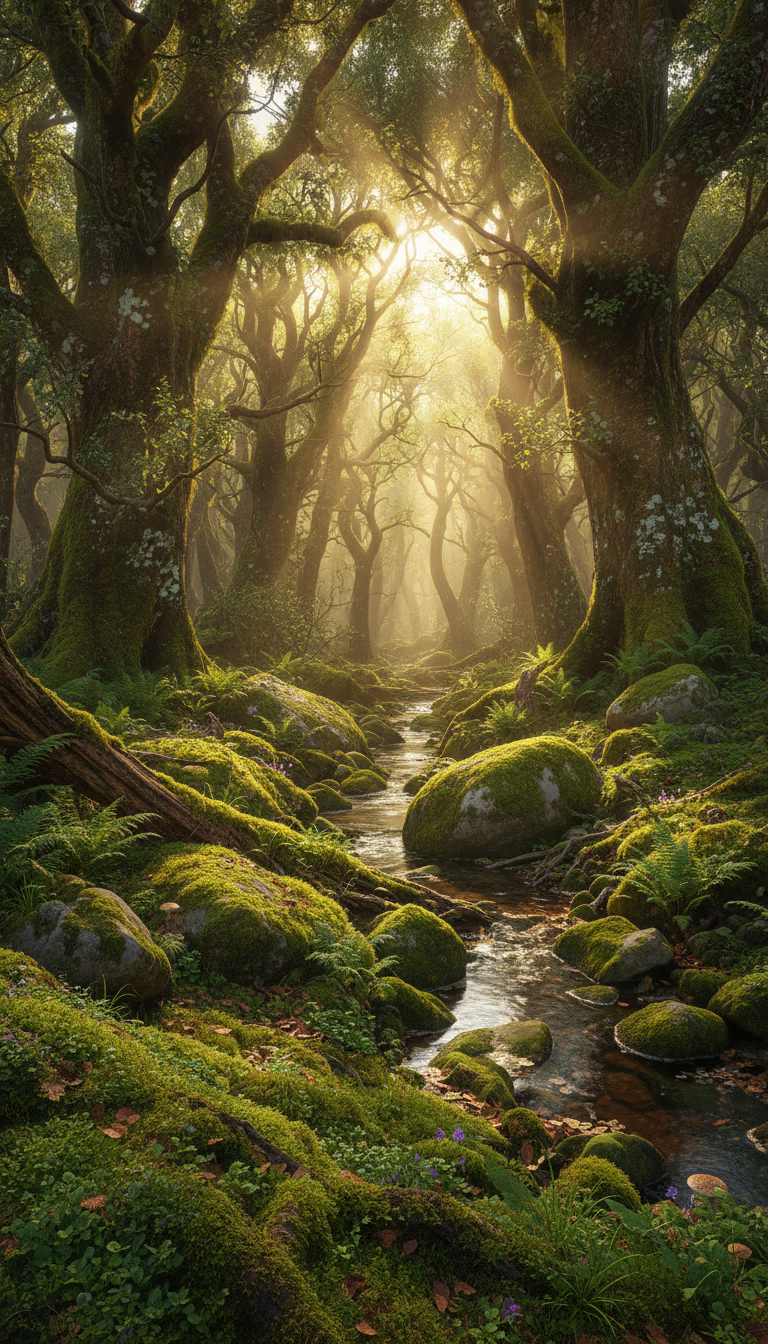 햇살이 숲을 통과하는 평화로운 숲 풍경, 고요한 바탕화면.