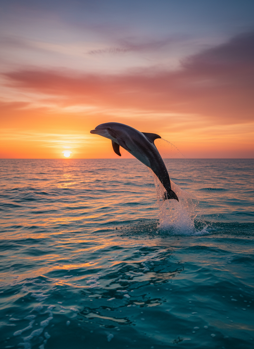 일몰 시 터키색 바다 위로 점프하는 돌고래, 역동적인 해양 생물 바탕화면.