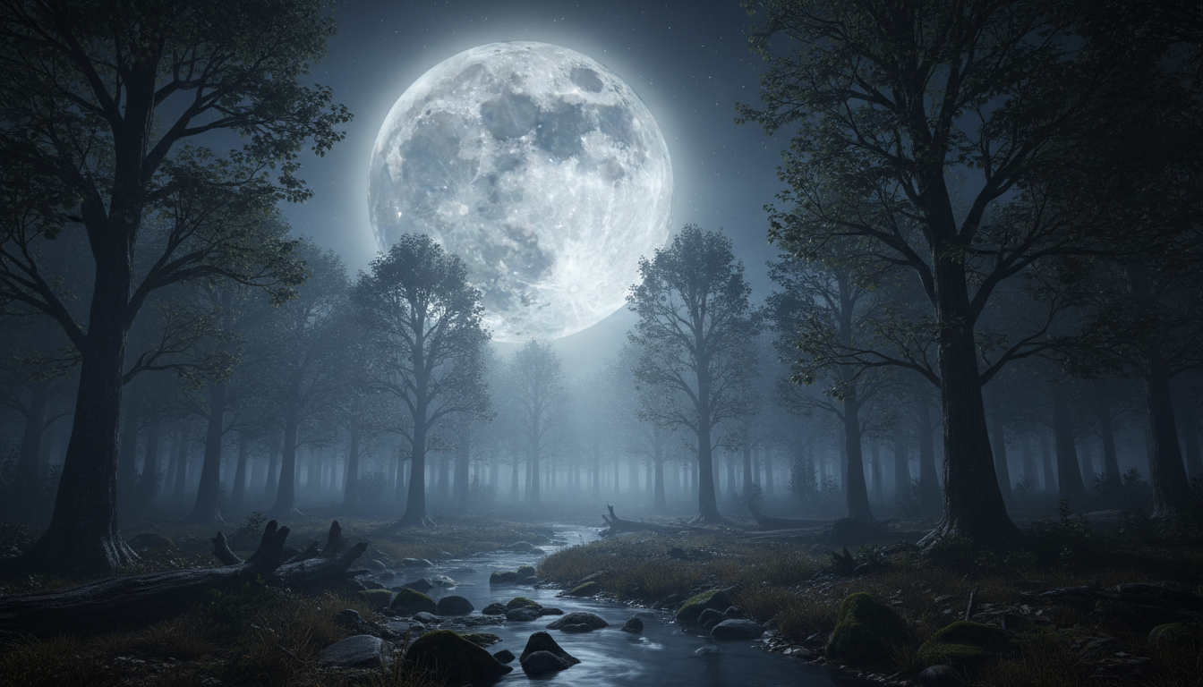 밤하늘 아래 고요한 숲을 밝게 비추는 눈부신 보름달.