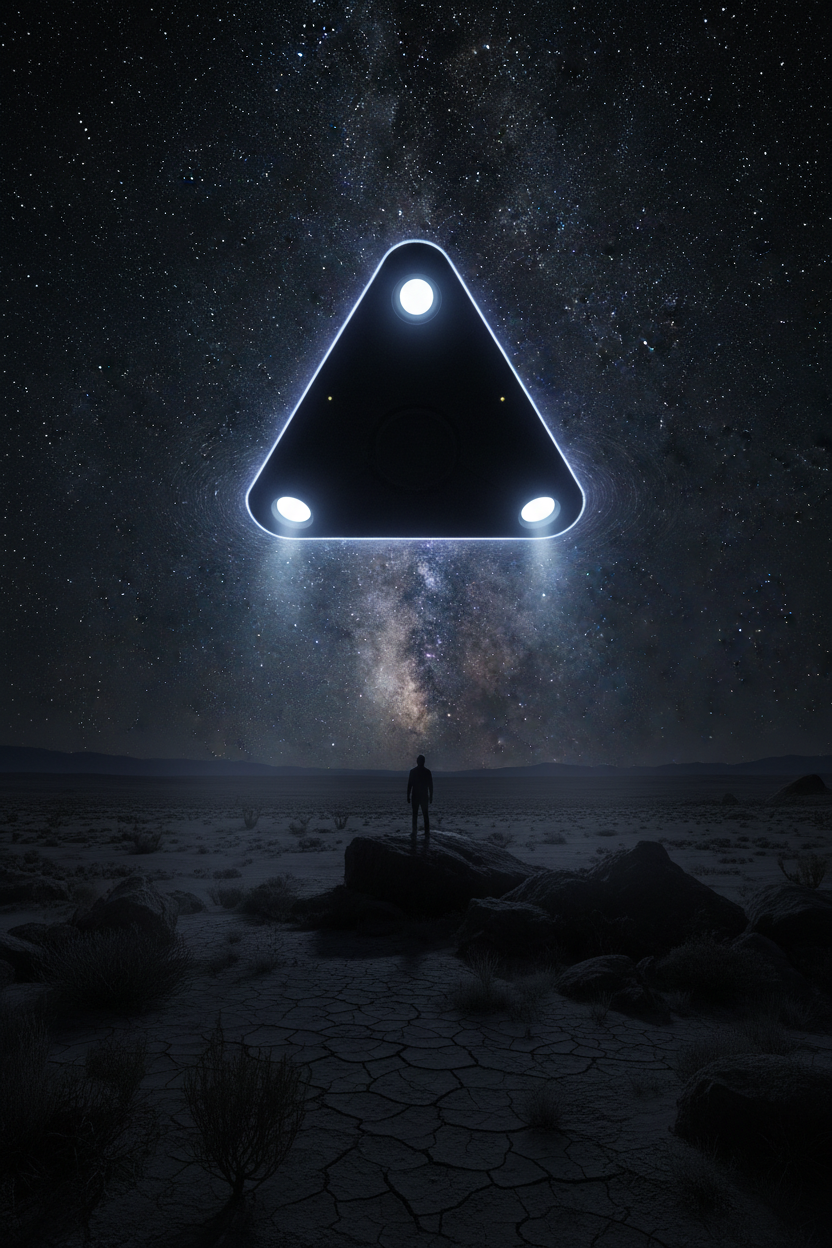 수많은 별들 사이에 조용히 떠 있는 희미하게 빛나는 삼각형 UFO가 외딴 황량한 풍경에서 관찰되는 미래적인 SF 밤하늘입니다.