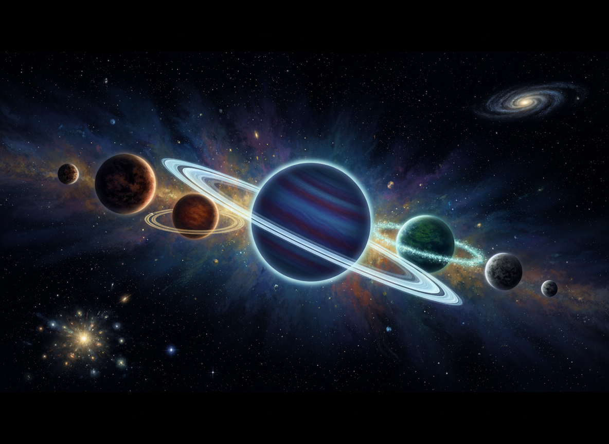 미묘하게 빛나는 고리를 가진 여러 행성이 밤하늘에 아름답게 정렬된 모습, SF 일러스트 스타일.