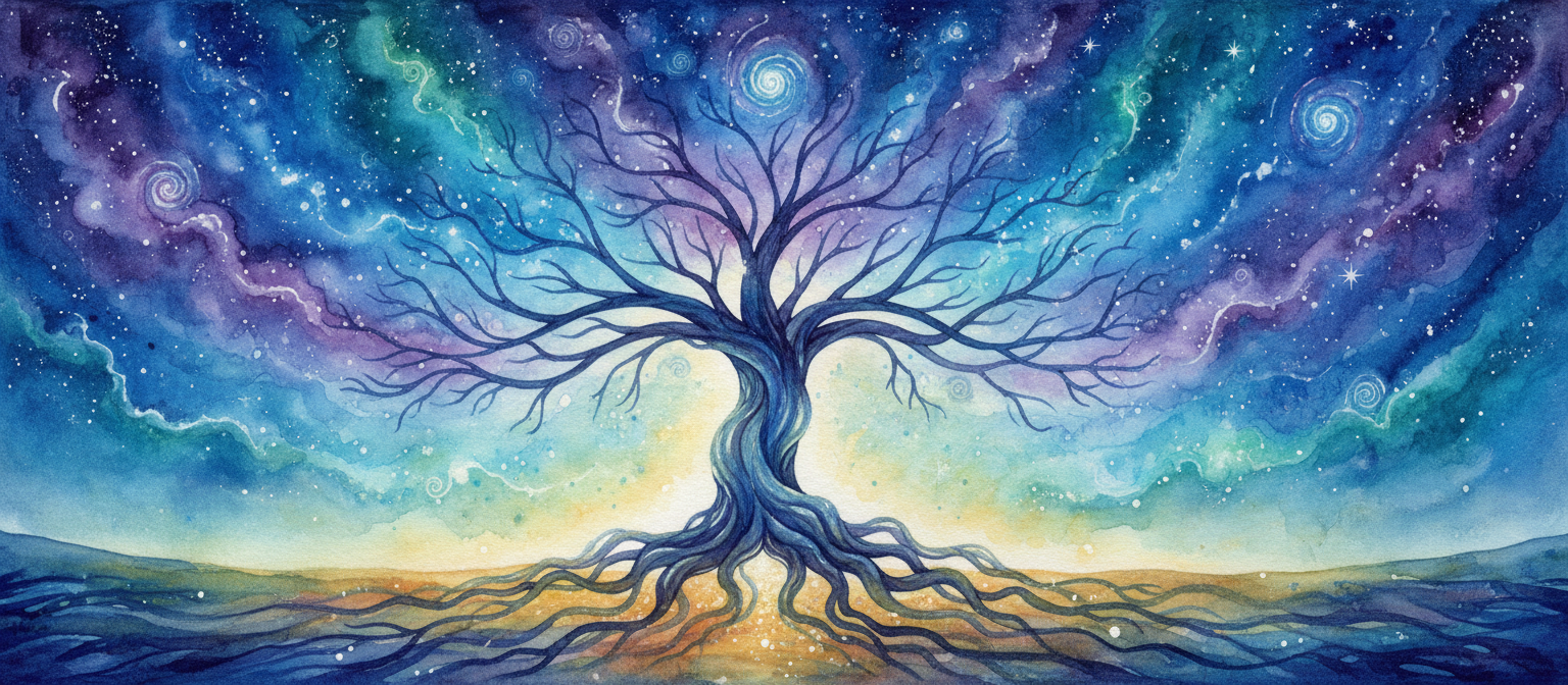빛나는 뿌리와 가지가 우주적인 빛과 별 먼지로 가득 찬 천상의 밤하늘을 향해 뻗어 있는 생명의 나무.