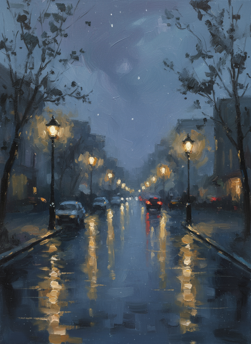 비 내리는 밤거리 풍경으로, 젖은 아스팔트에 어두운 밤하늘이 은은하게 비치고 가로등 불빛이 몽환적인 빛을 만듭니다.