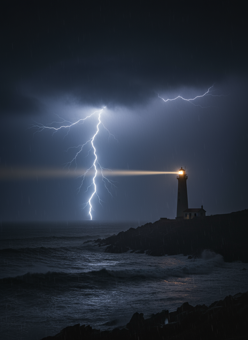 격동하는 바다 위로 폭우와 번개가 치는 폭풍우 치는 밤하늘을 꿰뚫는 등대 불빛.