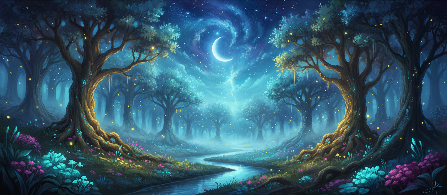 오래된 빛나는 숲 위로 마법 같은 밤하늘이 드리워져 있으며, 생체 발광 식물과 반딧불이가 가득하다.