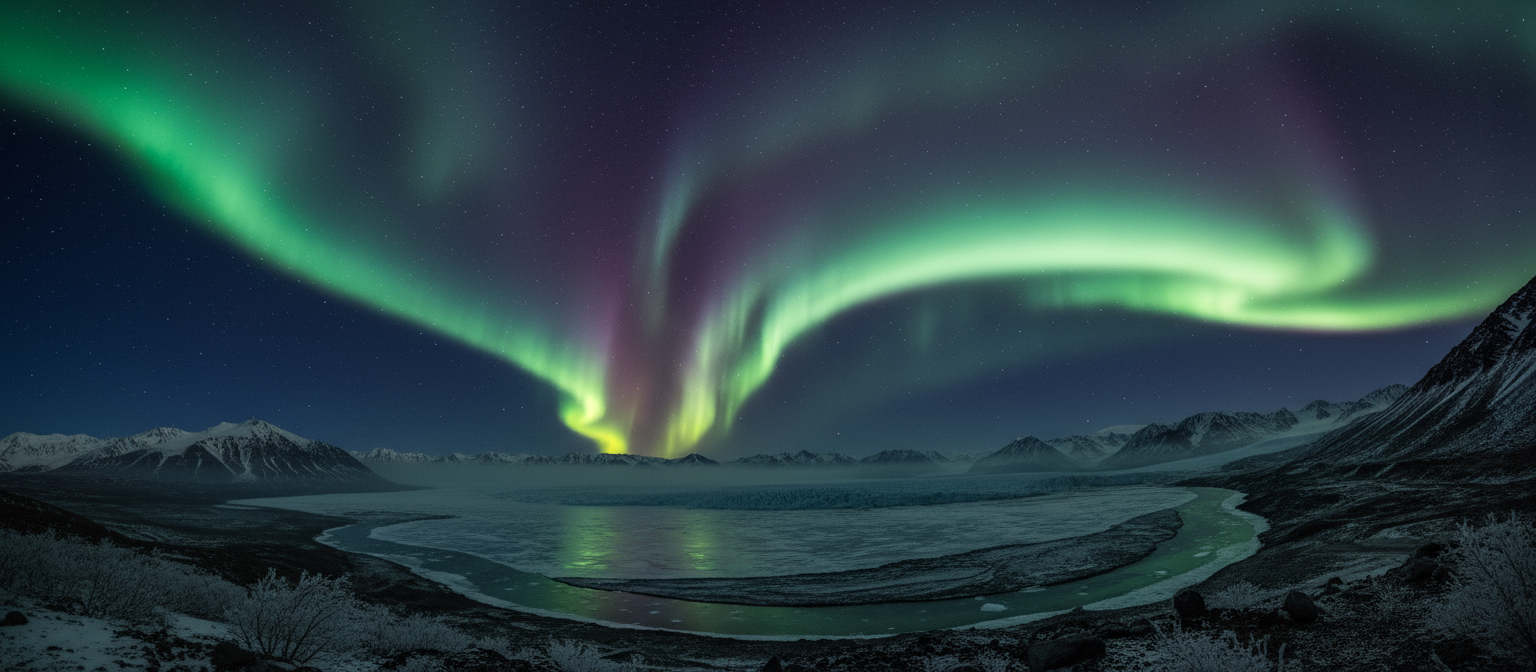어두운 극지방의 밤하늘 위로 얼어붙은 풍경 위로 생생한 녹색과 보라색 오로라가 춤춘다.