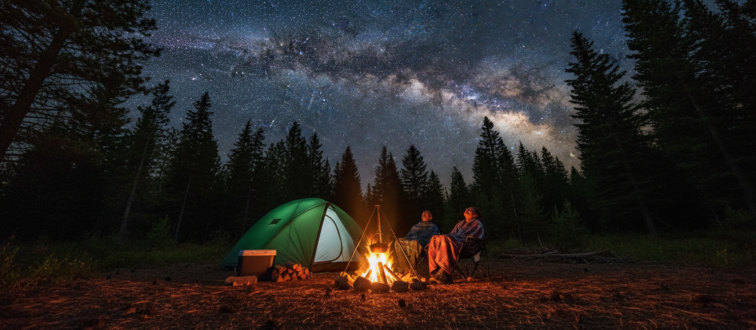 따뜻한 모닥불이 타오르고 텐트가 쳐진 아늑한 캠핑장 풍경입니다. 캠핑객들이 놀랍도록 맑은 별이 가득한 밤하늘을 올려다보고 있습니다.