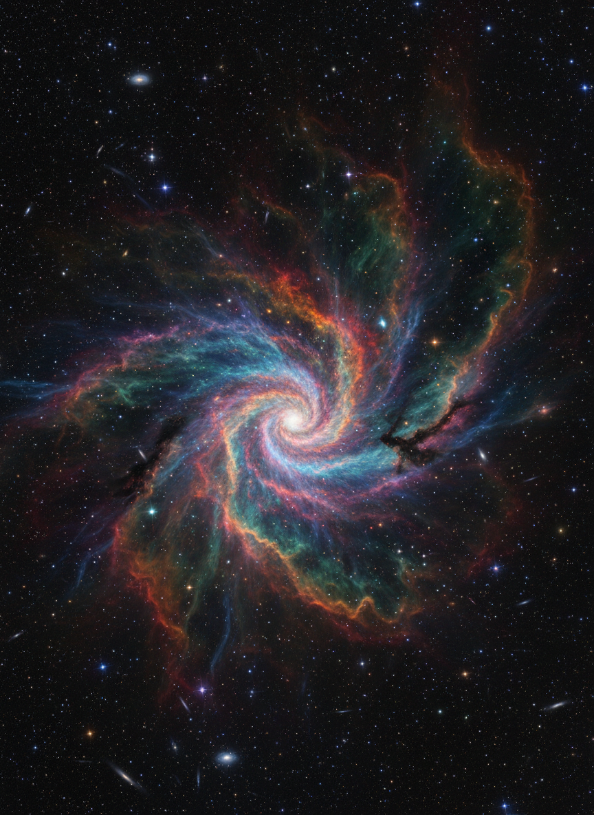 소용돌이치는 우주 먼지와 가스가 있는 장엄하고 생생한 성운이 깊은 우주 밤하늘의 한 부분을 지배한다.