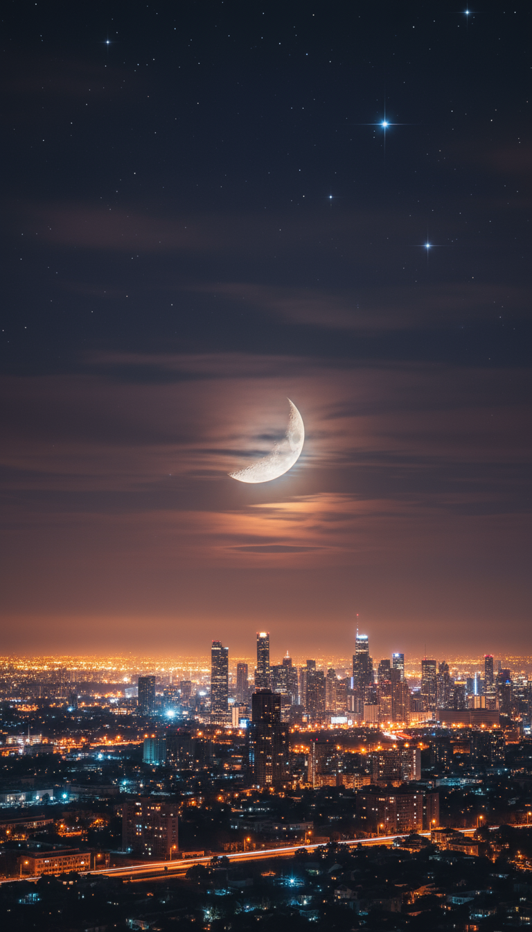 도시의 불빛 공해로 부분적으로 가려졌지만, 희미한 달과 몇몇 밝은 별들이 보이는 도시의 밤하늘입니다.