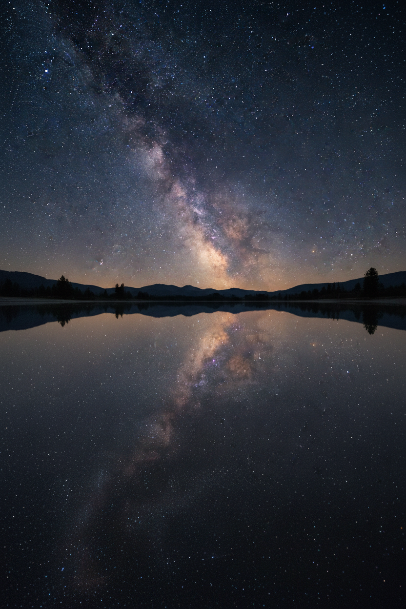 별이 가득한 숨막히는 밤하늘을 완벽하게 대칭으로 비추는 완벽하게 고요한 연못.