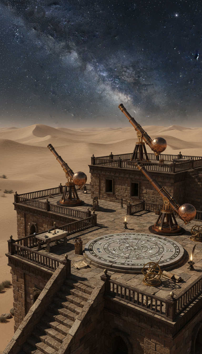 맑은 밤하늘의 별자리를 향해 망원경이 겨누어진 고대 사막 천문대.