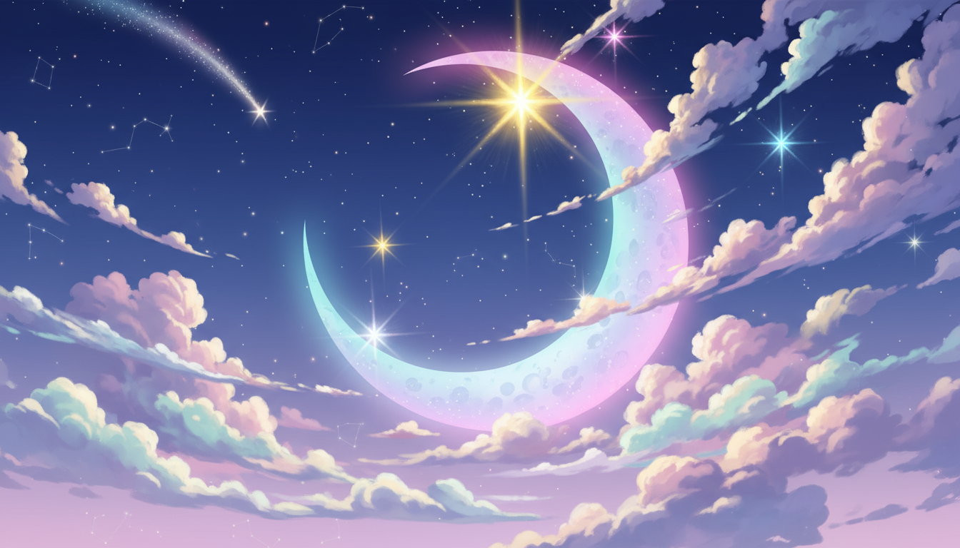 과장되게 크고 반짝이는 별들, 초승달, 그리고 몽환적인 구름이 있는 애니메이션 스타일의 밤하늘입니다. 부드러운 파스텔톤입니다.