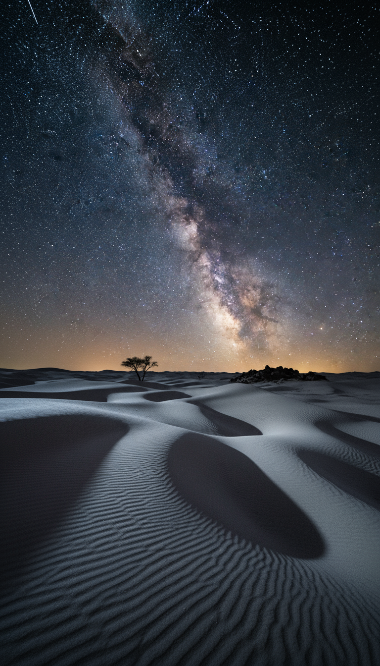 드라마틱한 그림자 아래 모래 언덕이 펼쳐진 광활한 사막 위로 별이 쏟아지는 밤하늘.