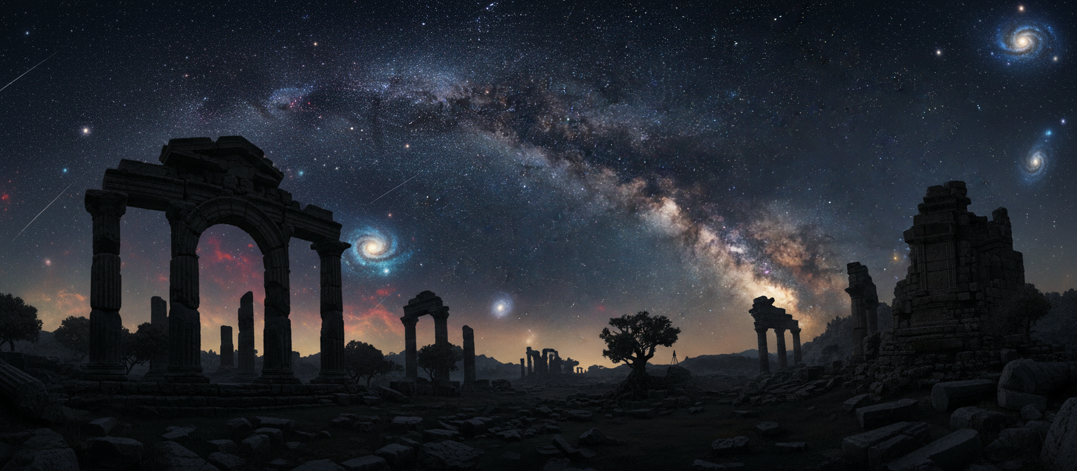 역사와 영원함을 느끼게 하는 심오하고 우주적인 밤하늘을 배경으로 실루엣을 이루고 있는 고대 유적.