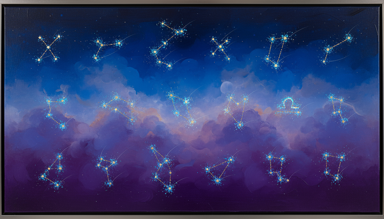 어두운 파란색과 보라색 그라데이션 밤하늘을 배경으로 빛나는 점으로 형성된 황도 12궁 별자리의 하이퍼리얼리즘 추상화.