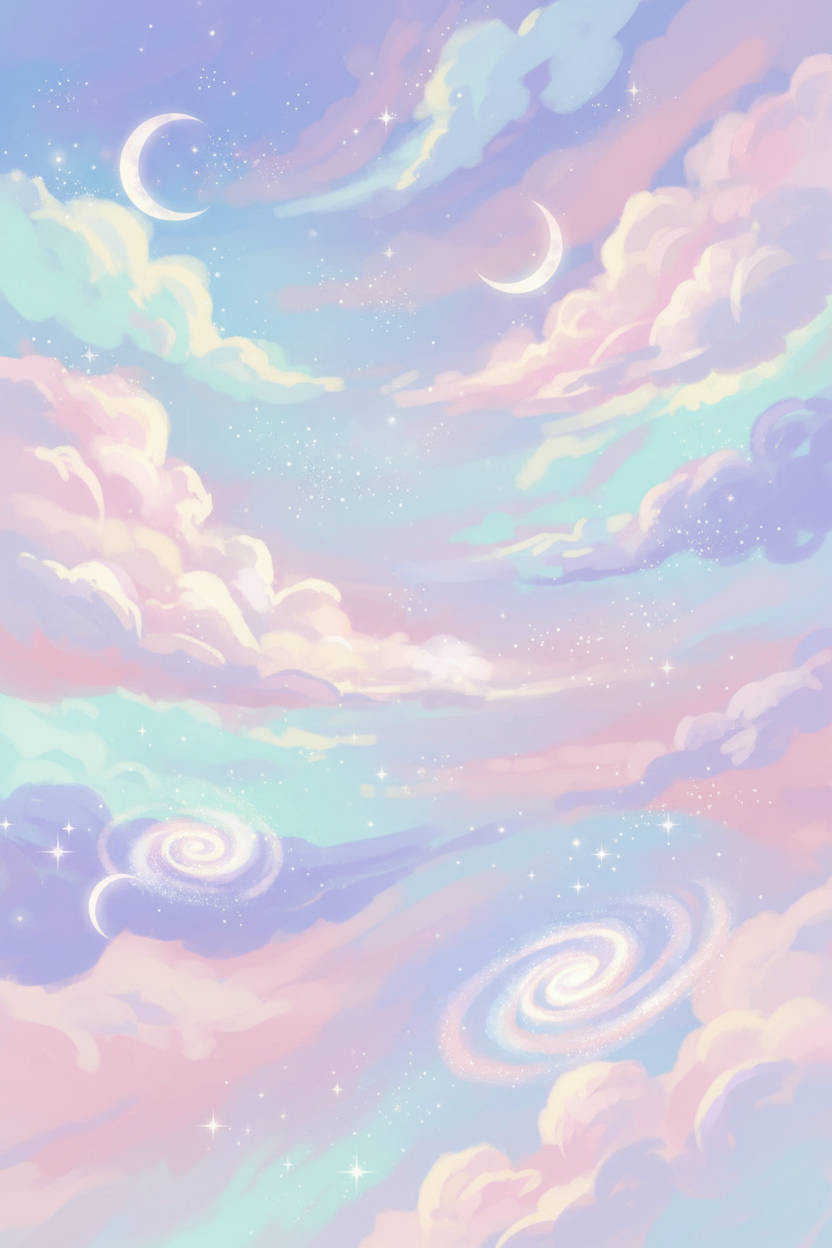 부드러운 구름과 반짝이는 천체가 있는 몽환적인 파스텔 밤하늘, 예술적인 붓터치로 표현됨.