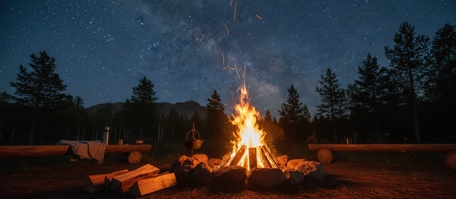 고요한 야생 속 넓고 별이 가득한 밤하늘 아래 따뜻하게 타오르는 모닥불.