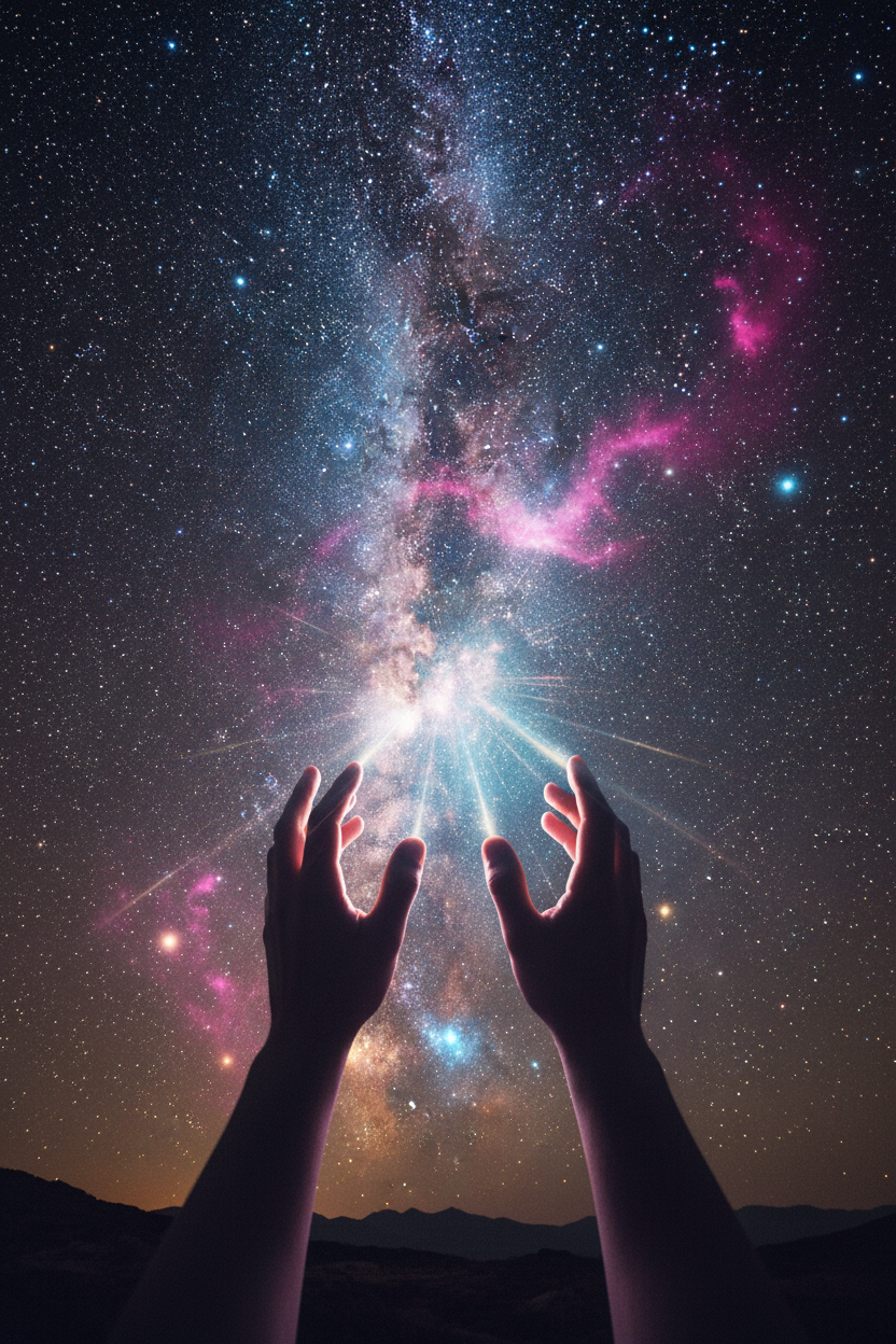 희망과 꿈을 상징하며 밝고 별이 가득한 밤하늘을 향해 부드럽게 뻗는 두 손.