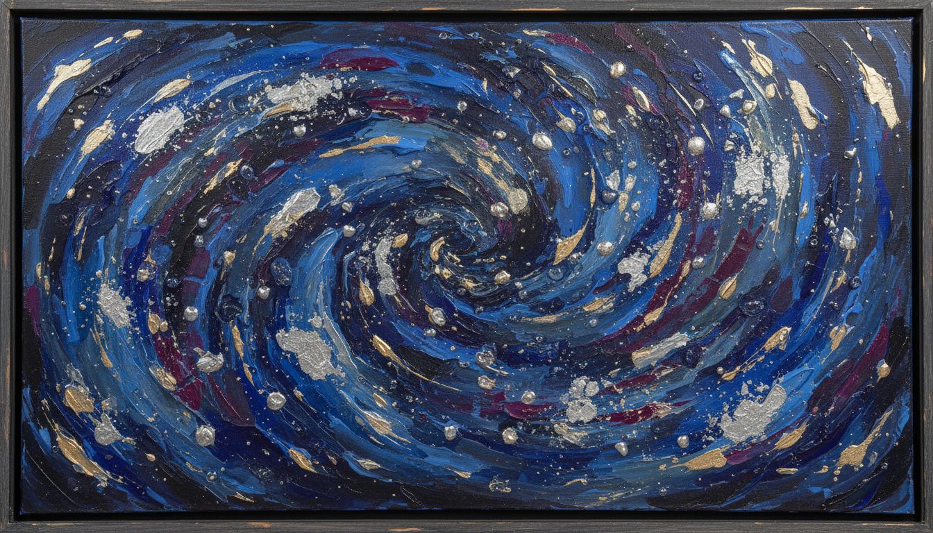 짙은 파란색, 검정색, 보라색의 소용돌이치는 붓놀림과 금속성 은색과 금색 별들이 뿌려진 추상적인 밤하늘 그림입니다.