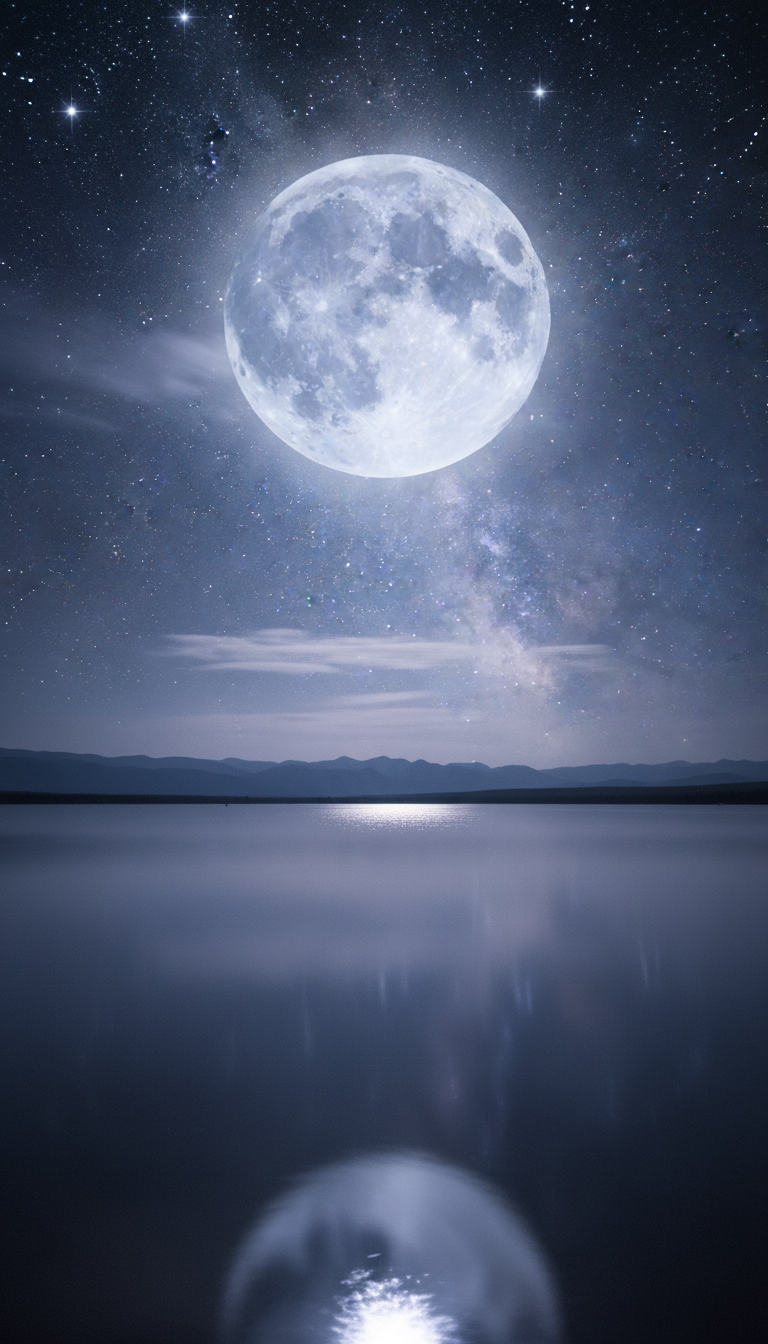 깊은 남색 밤하늘에 밝은 별들이 흩어져 있고, 잔잔한 호수 위에 환한 보름달이 은은하게 빛나는 모습입니다.