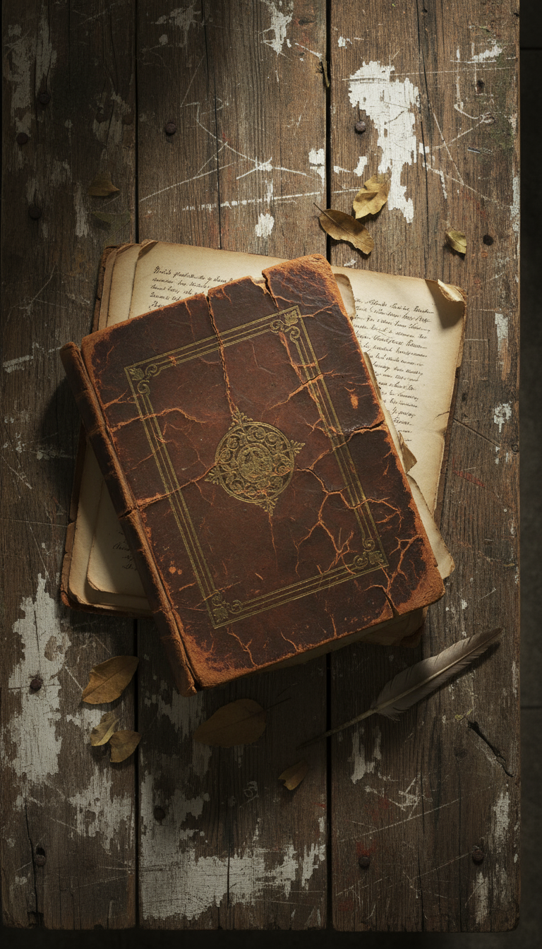 약간 낡은 질감의 페이지가 펼쳐진 오래된 책, 낡은 나무 테이블 위에 고립된 소박한 미학.