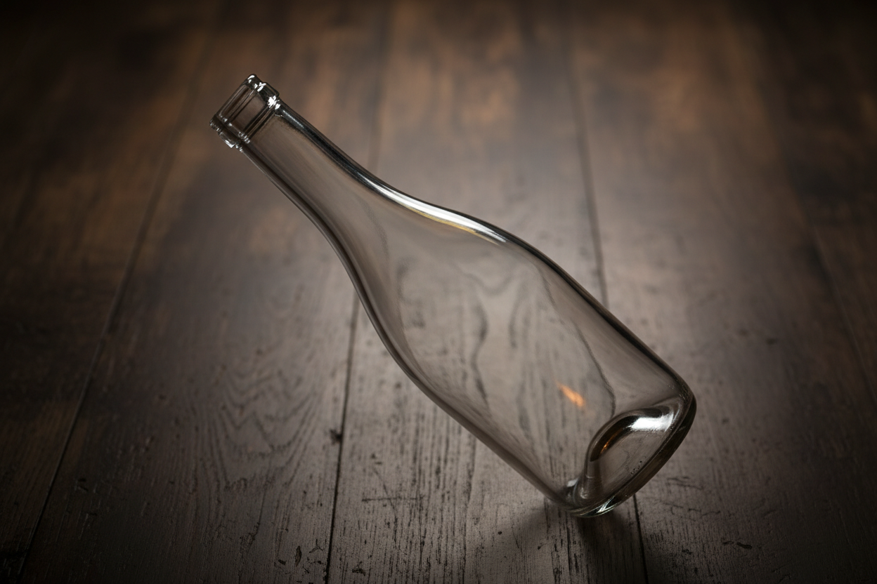 우아하고 비어있는 유리 와인병이 미묘한 질감의 어두운 나무 표면에 완벽하게 분리되어 있습니다.