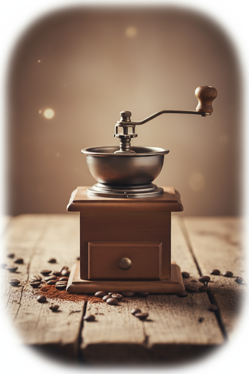 빈티지 커피 그라인더가 나무 질감에 고립되어 있어, 선택적 배경 편집을 암시합니다.