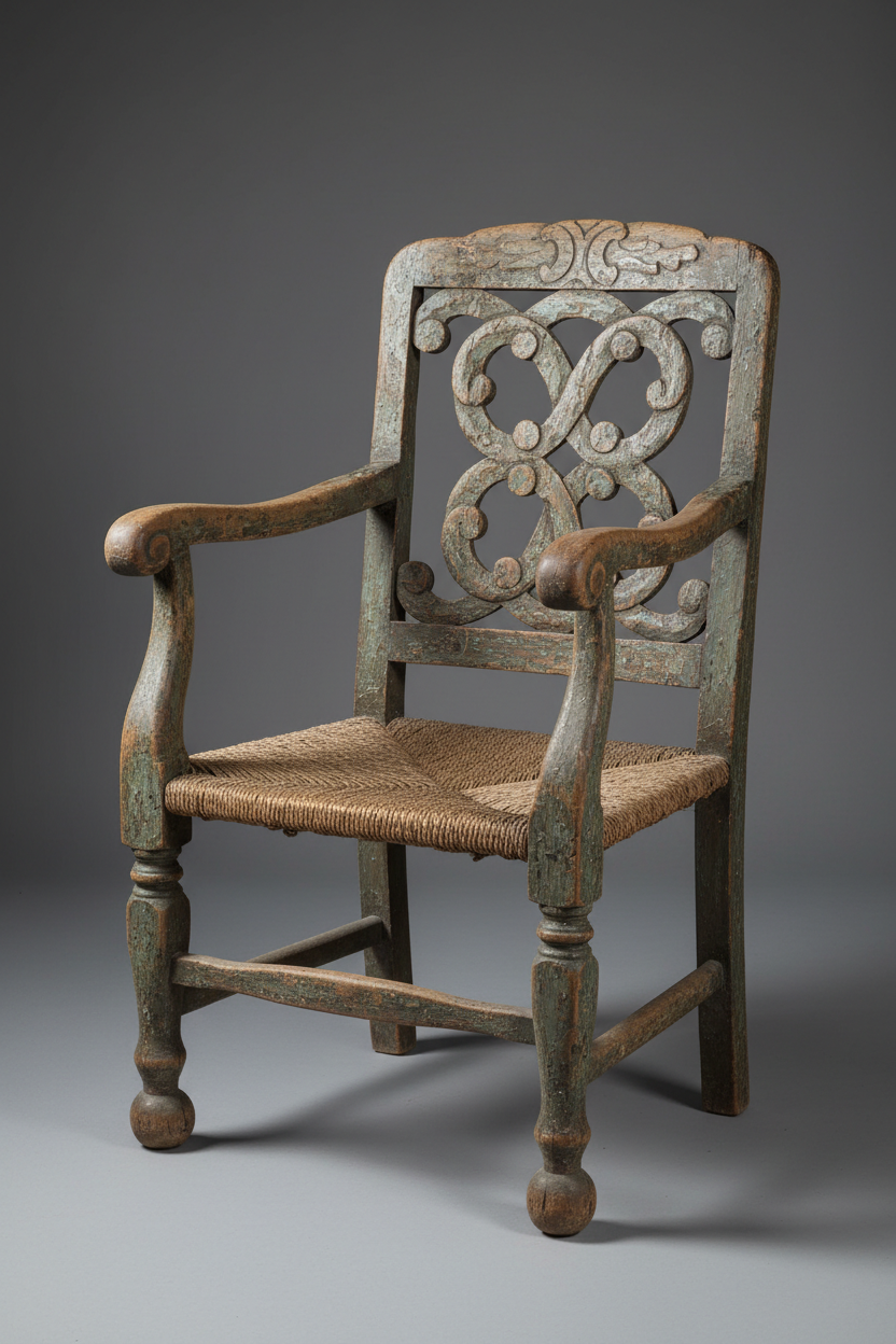 질감을 강조하기 위해 중성 회색 배경에 완벽하게 고립된 소박한 나무 의자.